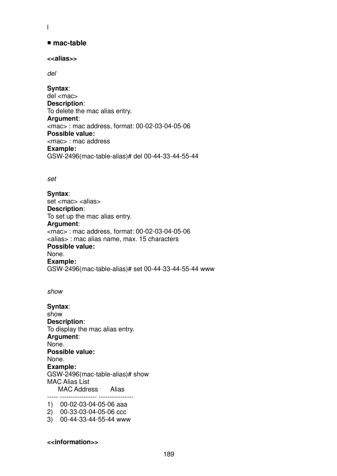 LevelOne GSW-2496 user manual Mac-table 