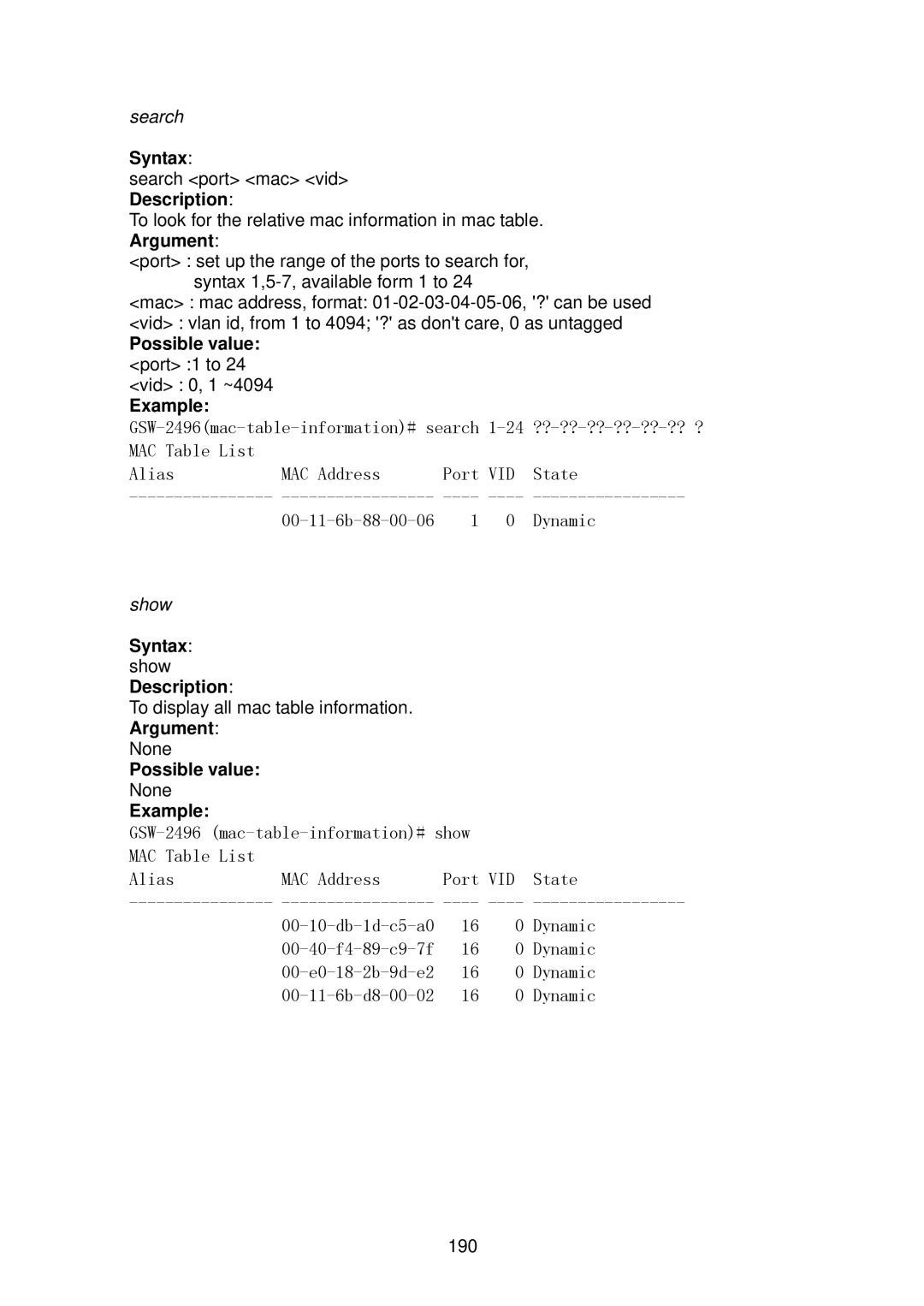 LevelOne GSW-2496 user manual MAC Table List Alias MAC Address 