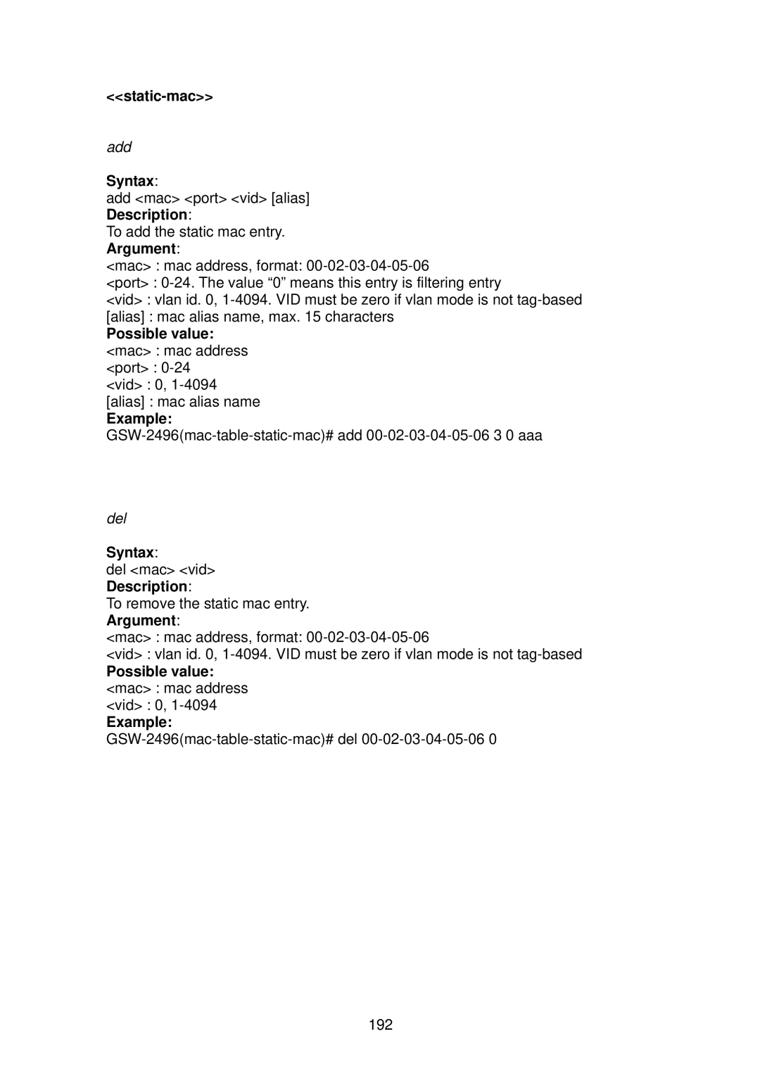 LevelOne GSW-2496 user manual Static-mac, Possible value mac mac address port, Possible value mac mac address vid 0 Example 