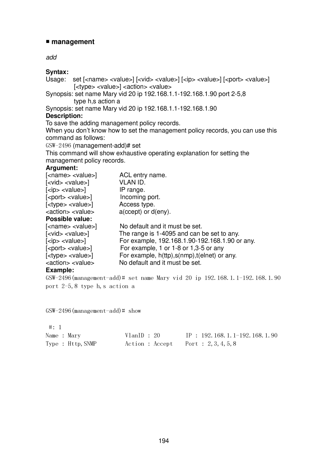 LevelOne GSW-2496 user manual Name value ACL entry name Vid value 