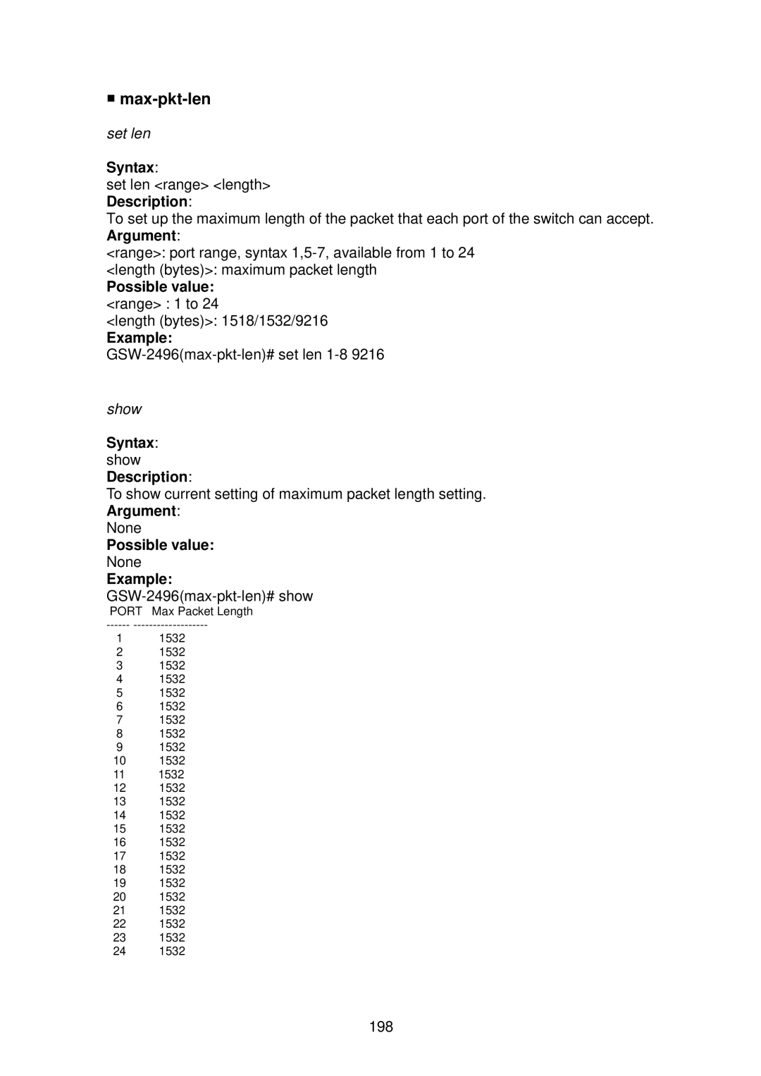 LevelOne GSW-2496 user manual Max-pkt-len, Possible value range 1 to 