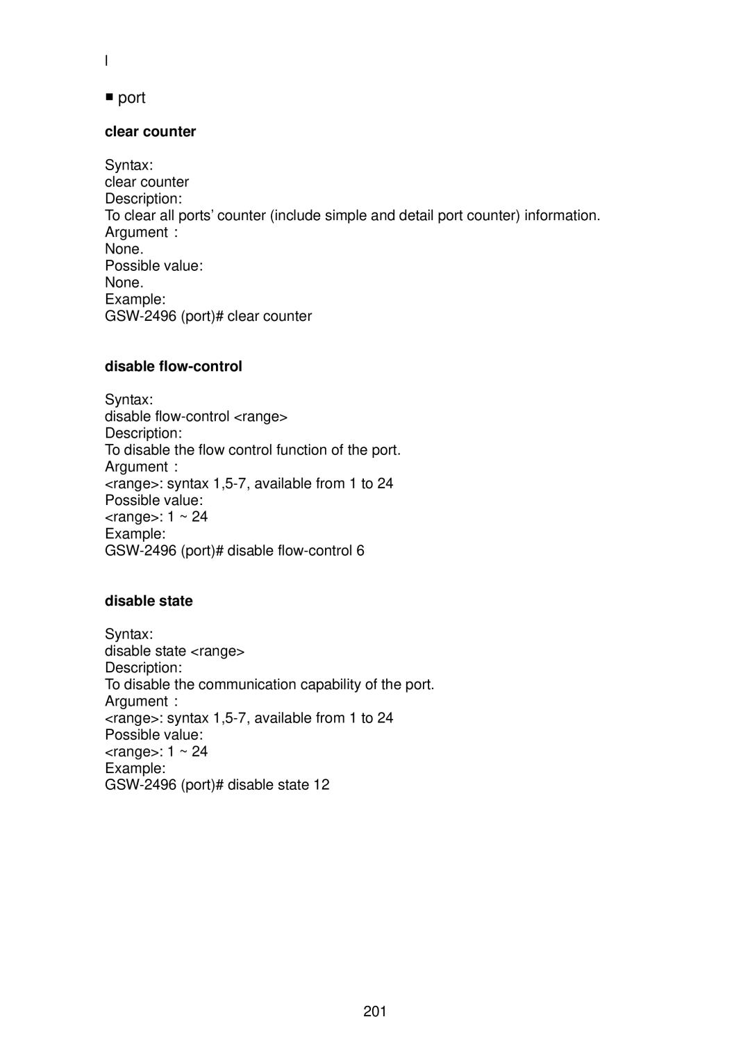 LevelOne GSW-2496 user manual Port, Syntax clear counter Description, Possible value range 1 ~ Example 