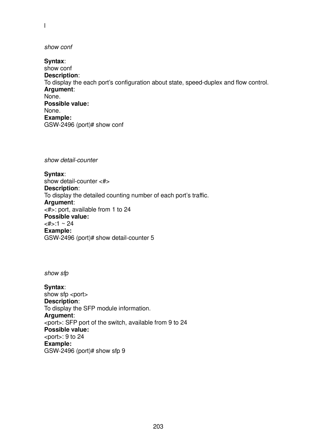 LevelOne GSW-2496 user manual Syntax show conf Description, Possible value port 9 to Example 