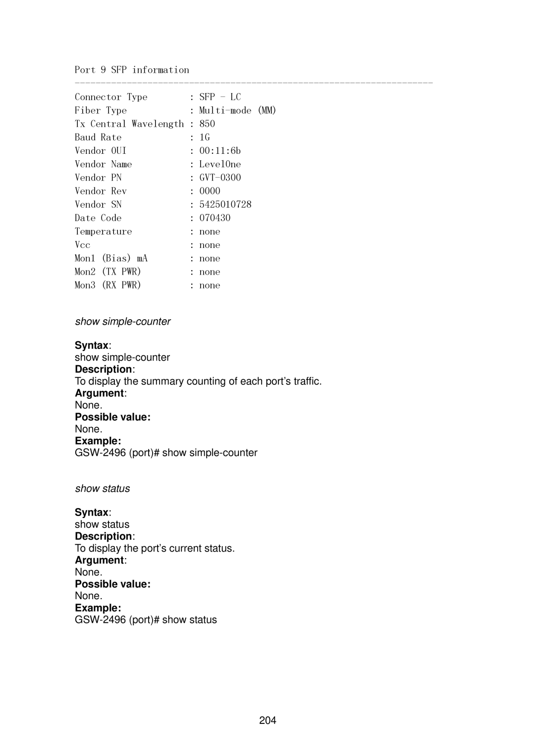 LevelOne GSW-2496 user manual Syntax show status Description, Argument 