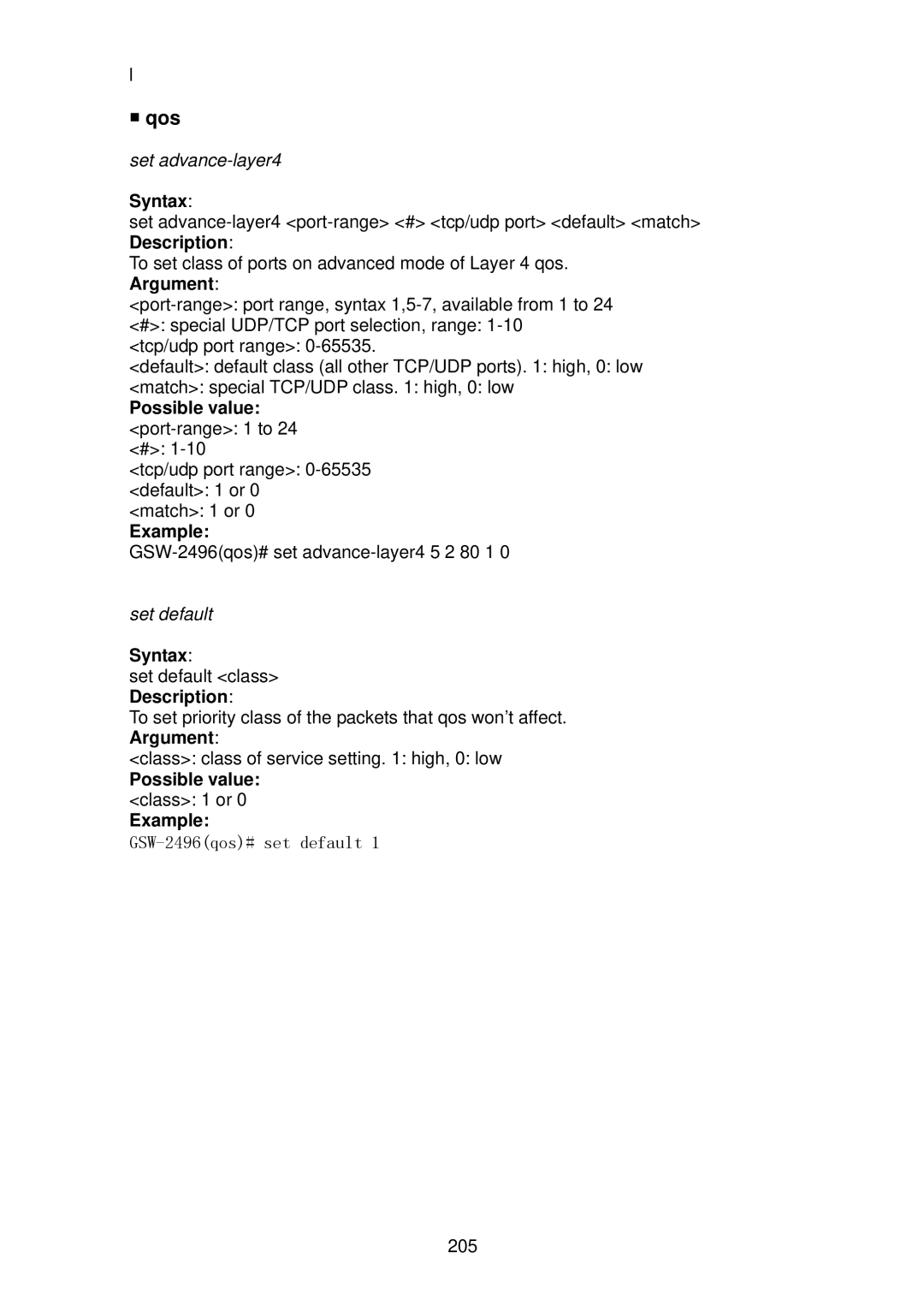 LevelOne GSW-2496 user manual Qos, Possible value port-range 1 to 24 # 