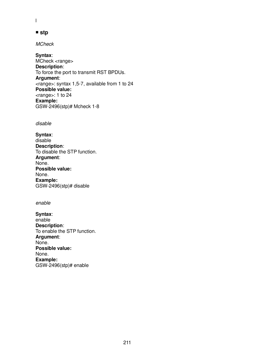 LevelOne GSW-2496 user manual Stp, Syntax disable Description 