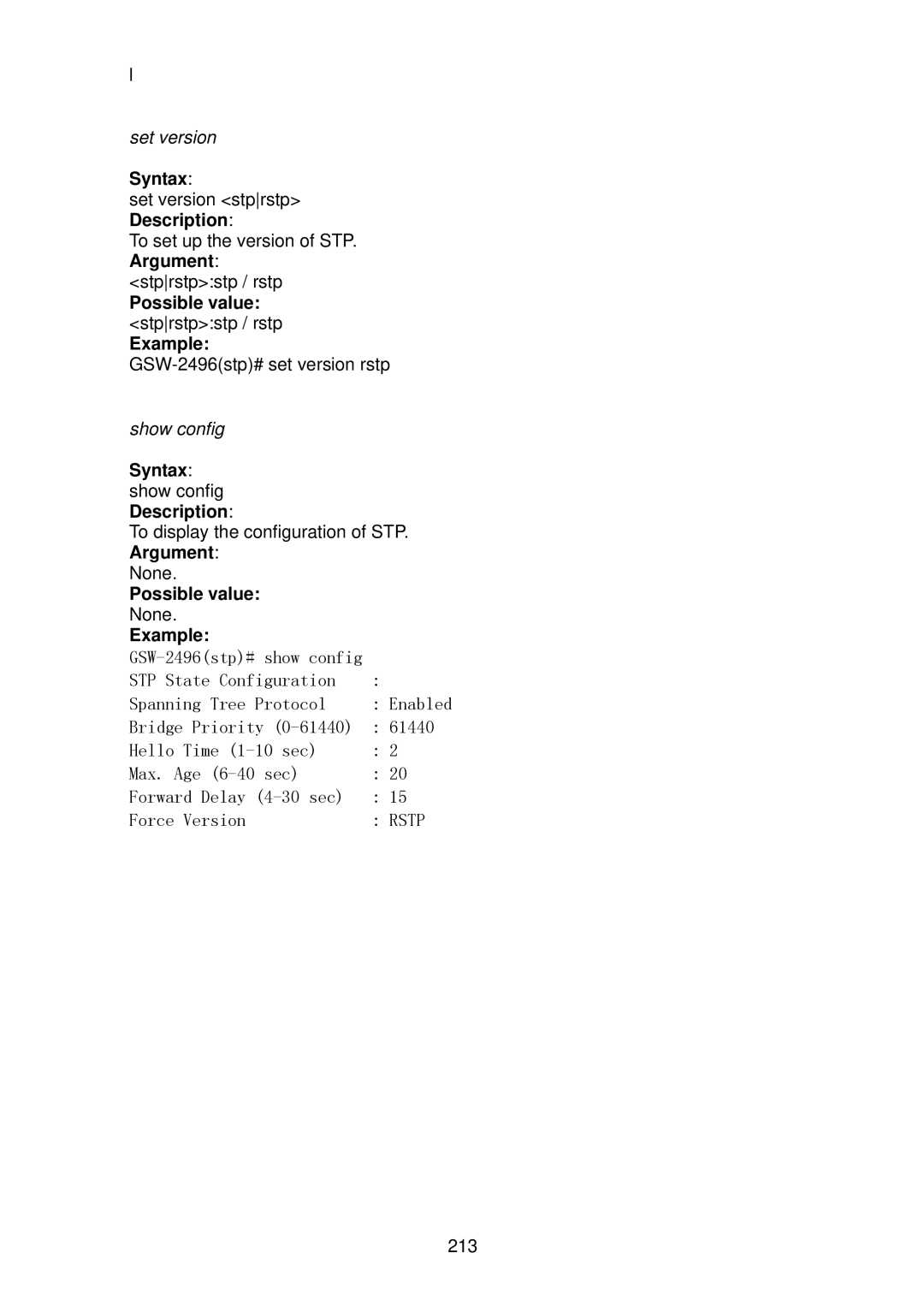 LevelOne GSW-2496 user manual Possible value stprstpstp / rstp Example, Syntax show config Description 