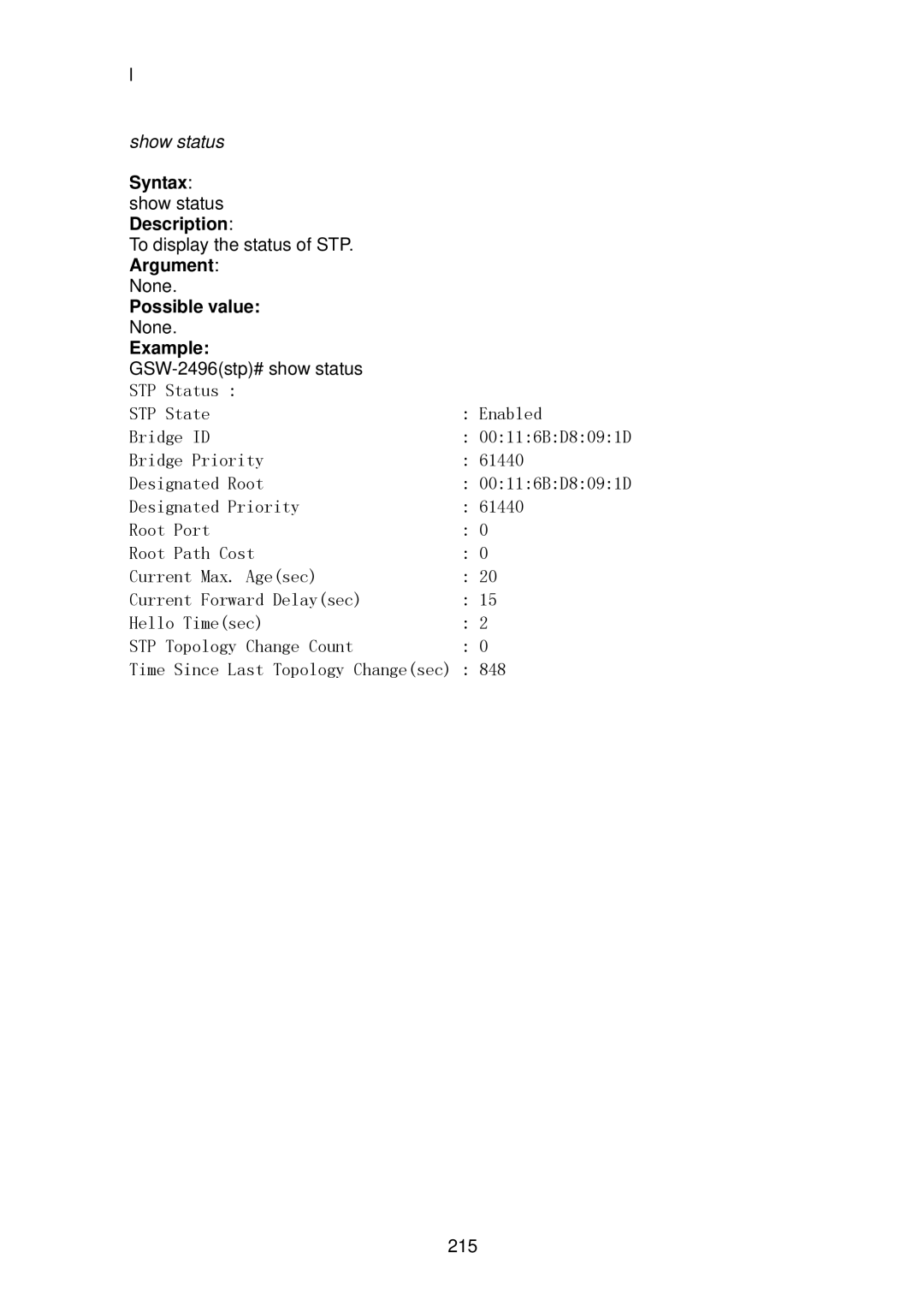 LevelOne GSW-2496 user manual STP Status STP State Enabled Bridge ID 