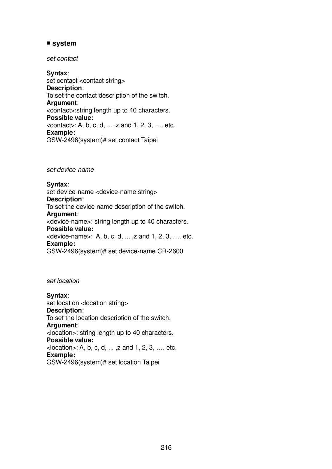 LevelOne GSW-2496 user manual System, Syntax 