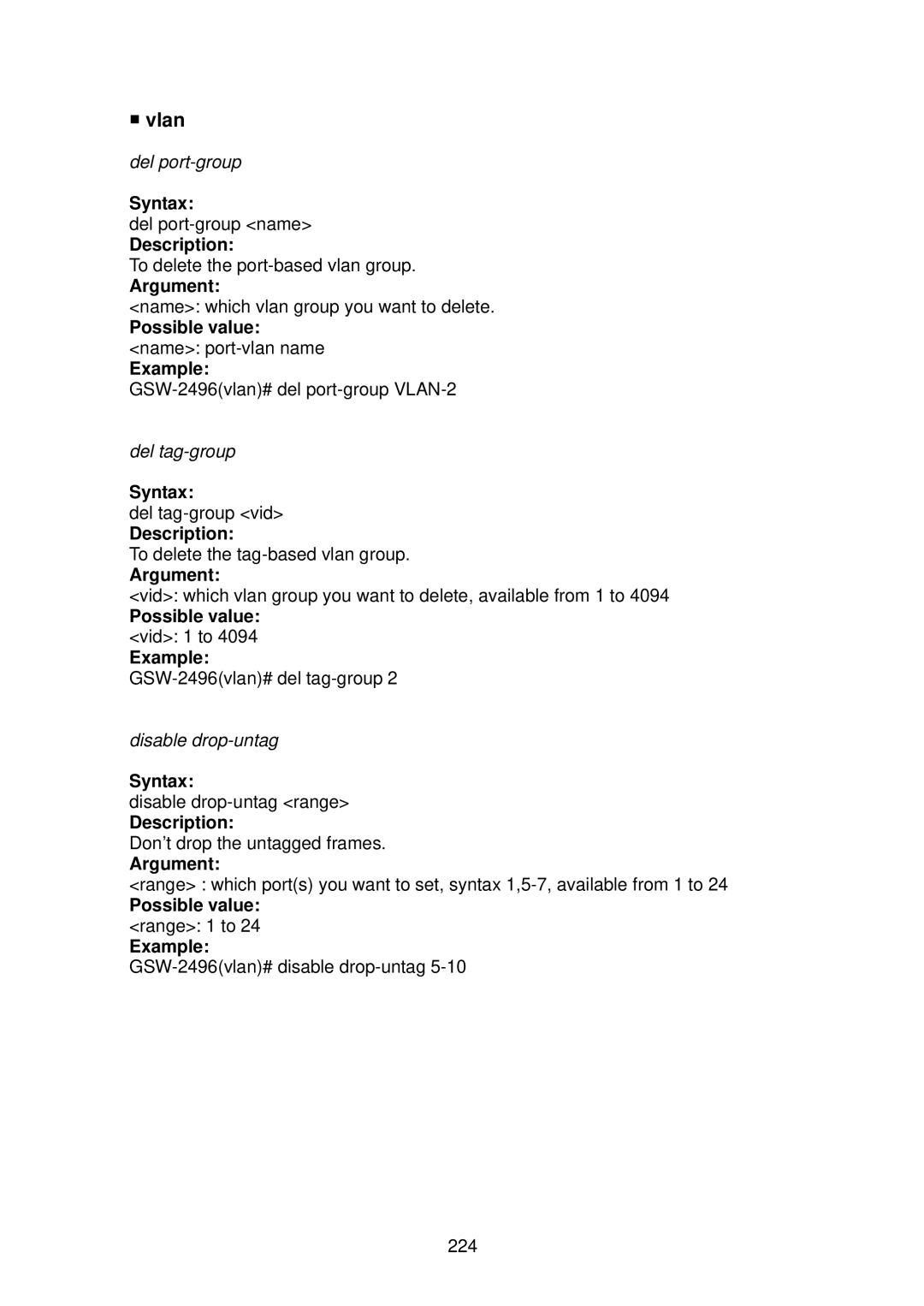 LevelOne GSW-2496 user manual Vlan, Possible value name port-vlan name Example 