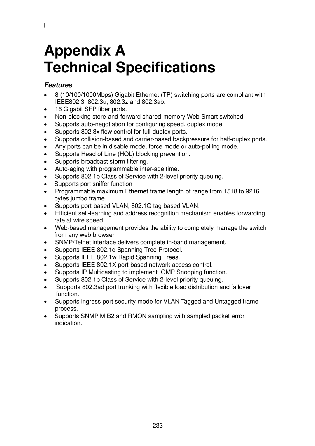 LevelOne GSW-2496 user manual Appendix a Technical Specifications 