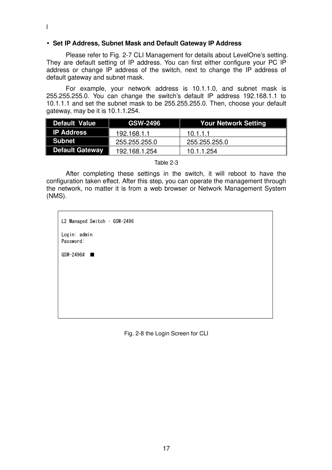 LevelOne GSW-2496 user manual Set IP Address, Subnet Mask and Default Gateway IP Address, Login Screen for CLI 