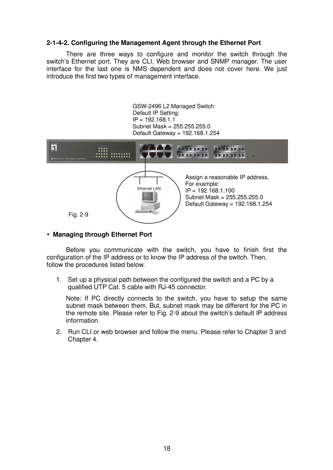 LevelOne GSW-2496 user manual Configuring the Management Agent through the Ethernet Port, Managing through Ethernet Port 