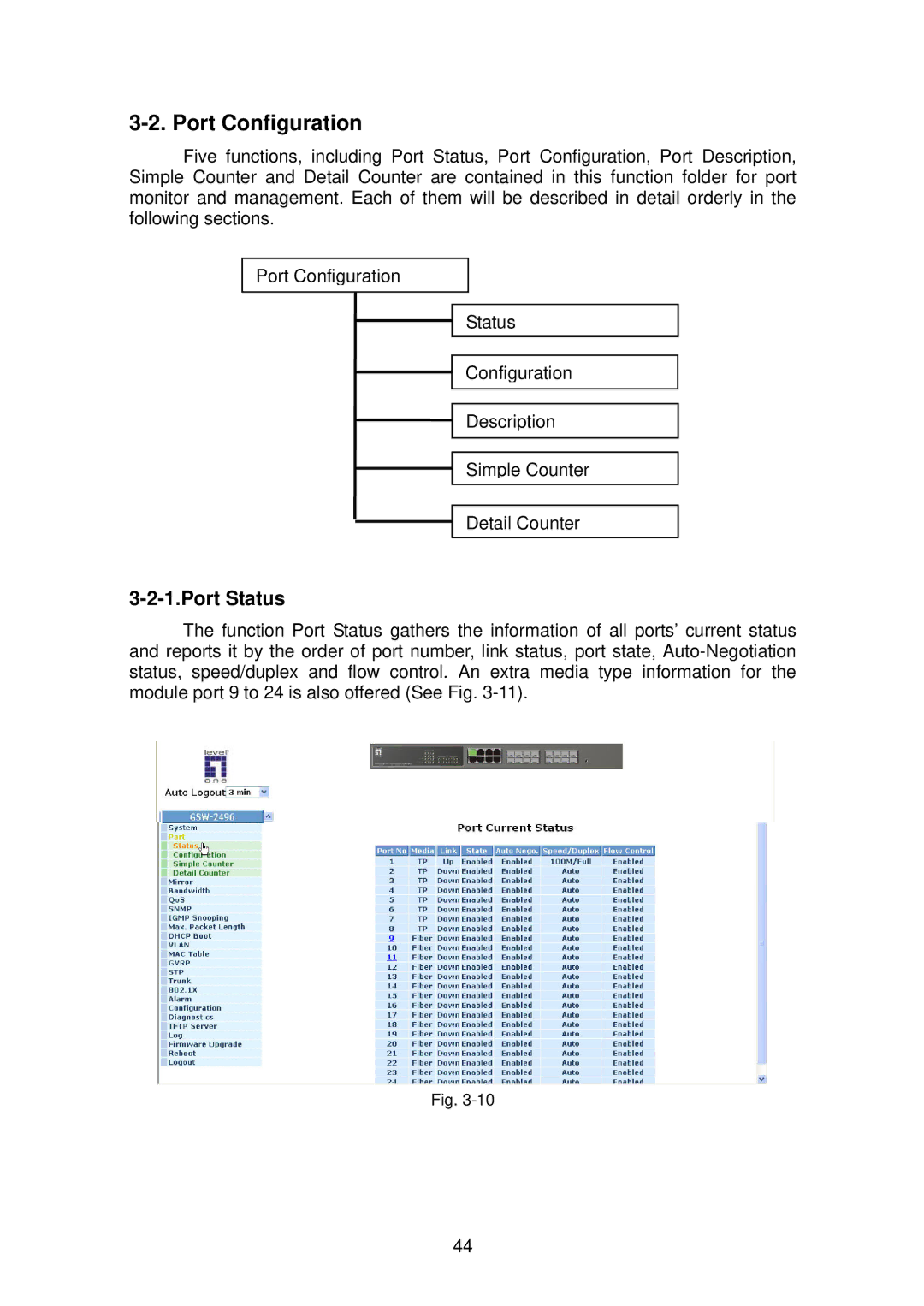 LevelOne GSW-2496 user manual Port Configuration, Port Status 