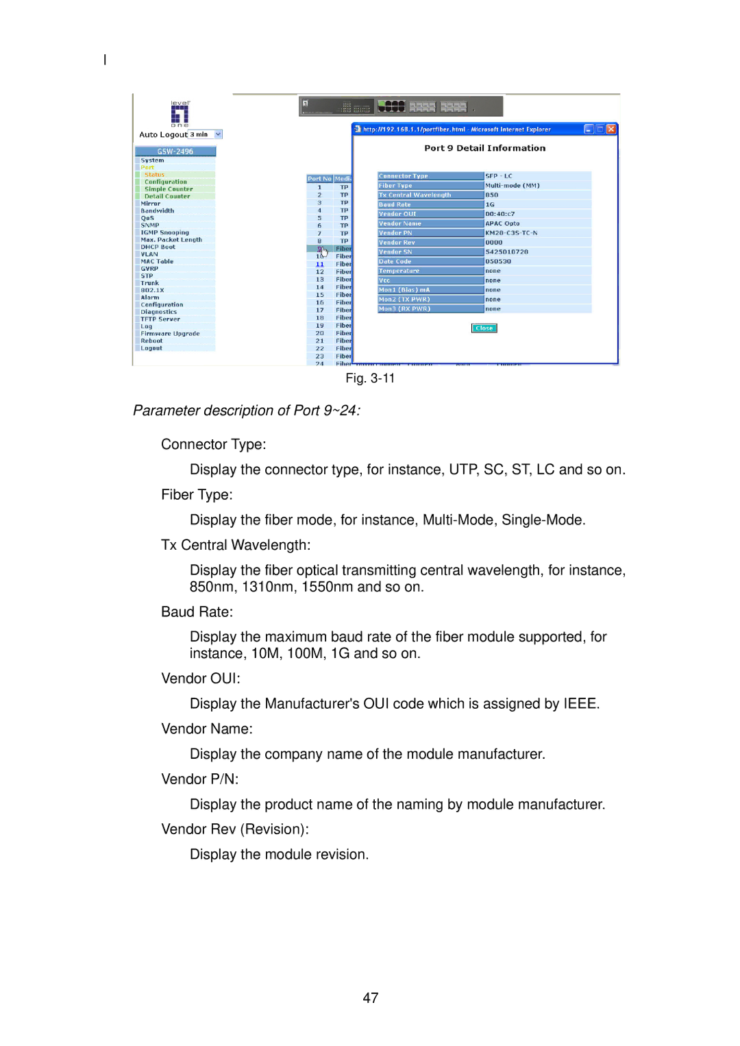 LevelOne GSW-2496 user manual Parameter description of Port 9~24 