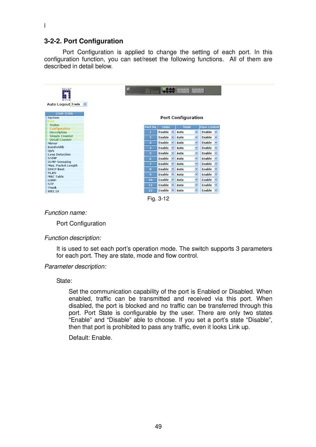 LevelOne GSW-2496 user manual Port Configuration 