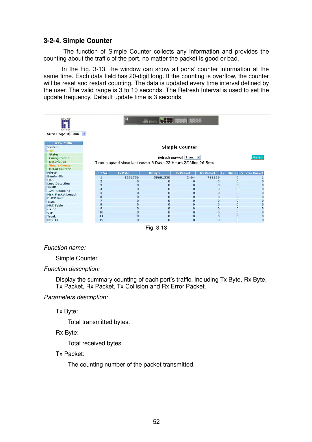 LevelOne GSW-2496 user manual Simple Counter, Parameters description 