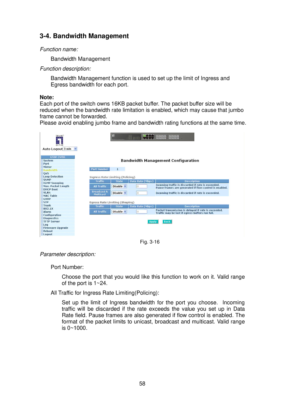 LevelOne GSW-2496 user manual Bandwidth Management 