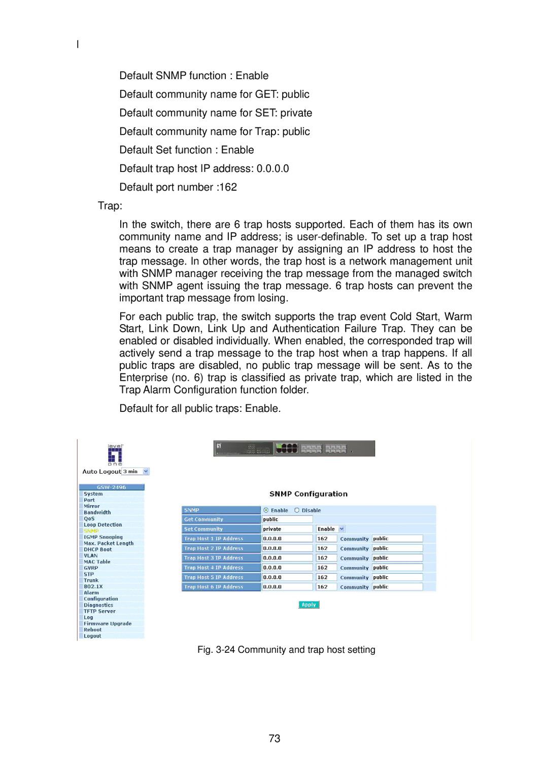 LevelOne GSW-2496 user manual Community and trap host setting 