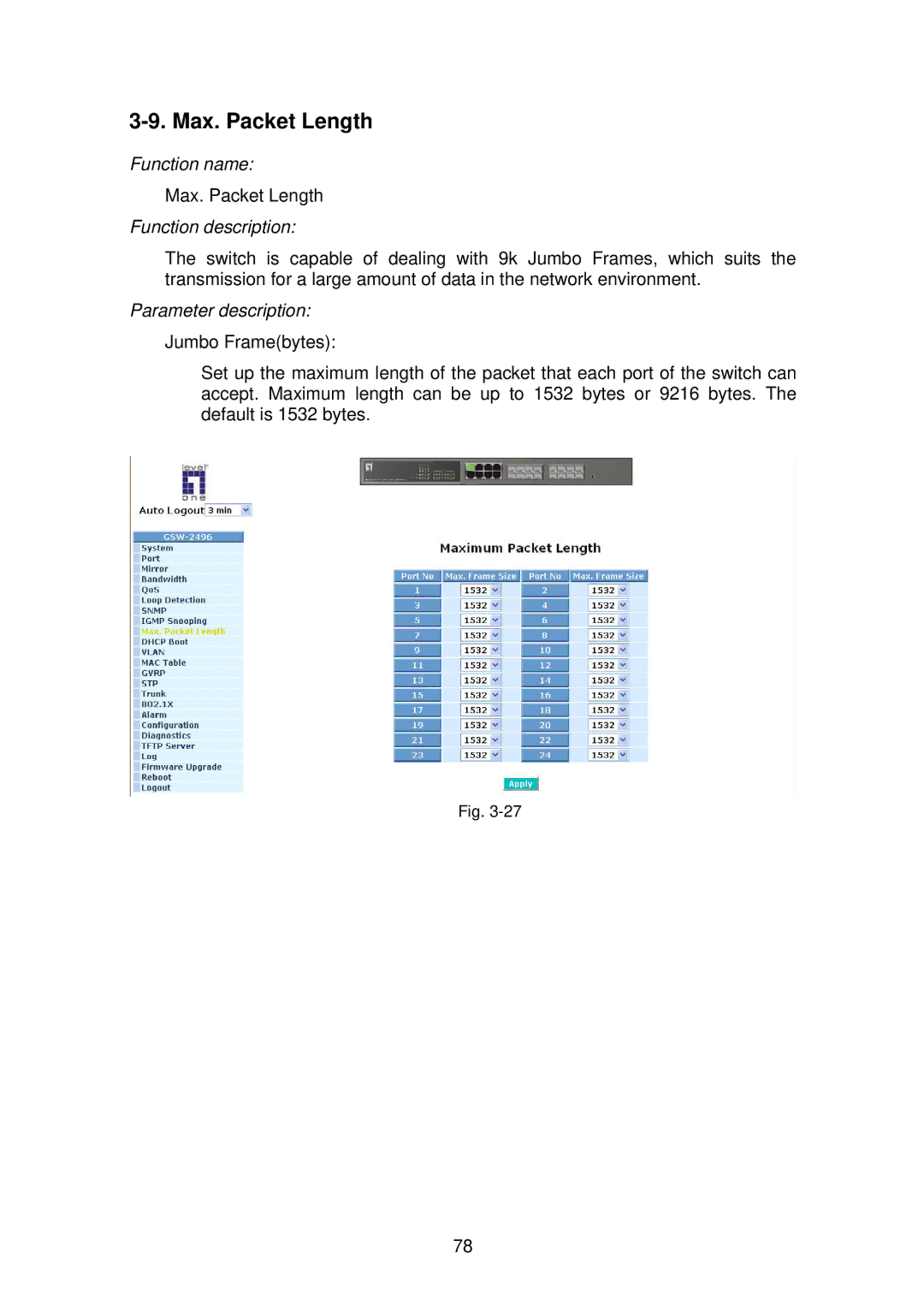 LevelOne GSW-2496 user manual Max. Packet Length 