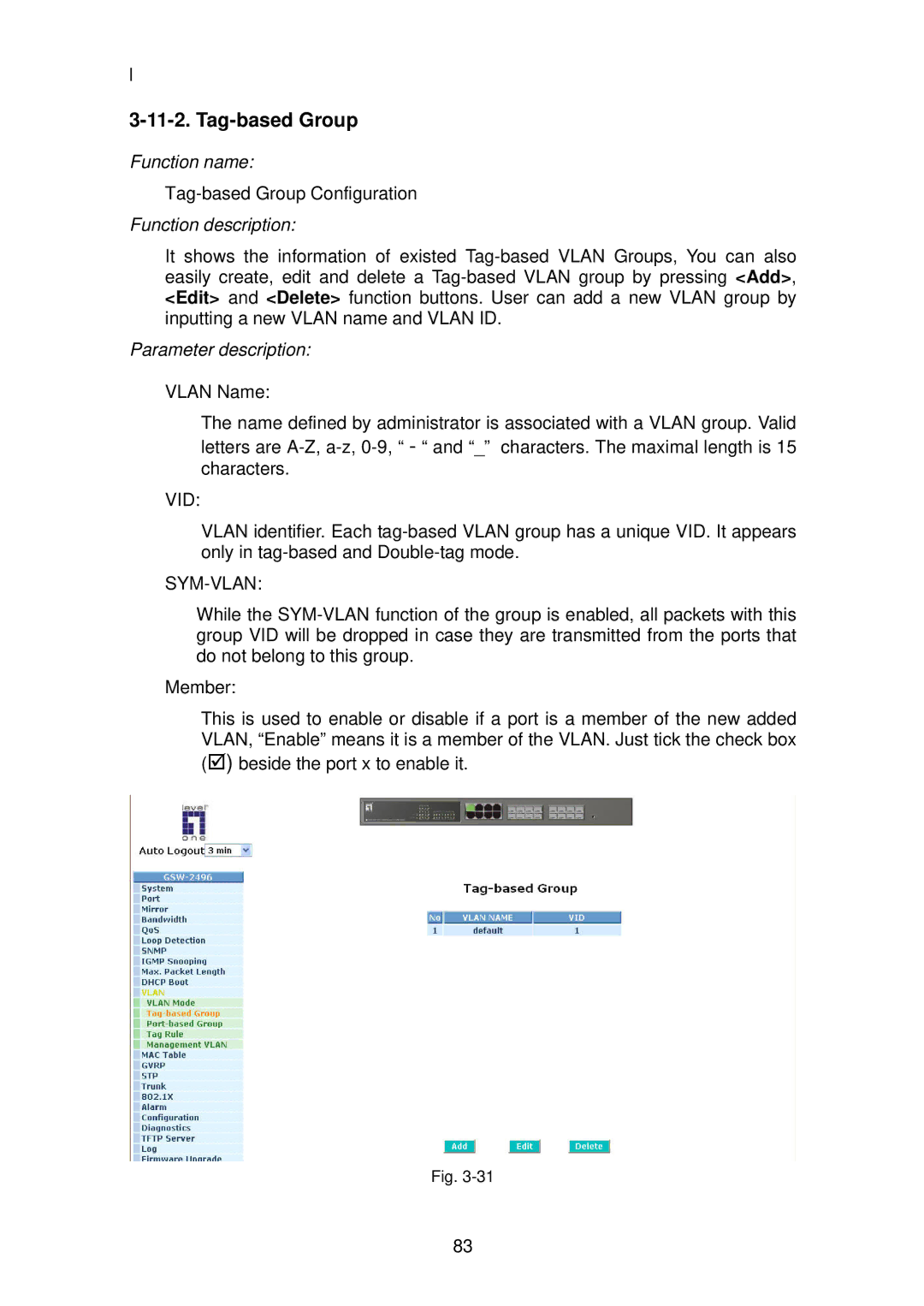 LevelOne GSW-2496 user manual Tag-based Group, Sym-Vlan 