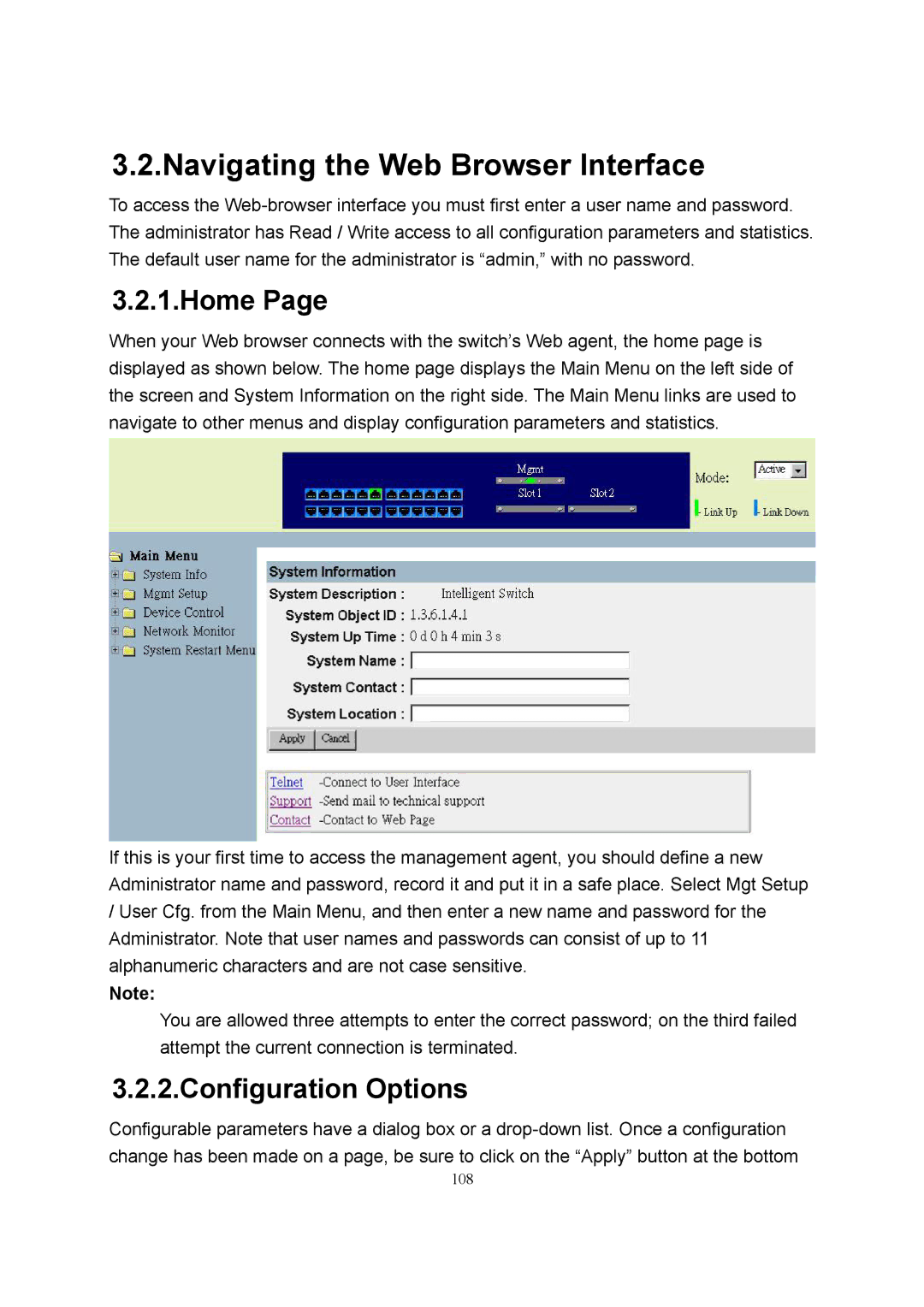 LevelOne GSW-2600TXM manual Navigating the Web Browser Interface, Home, Configuration Options 