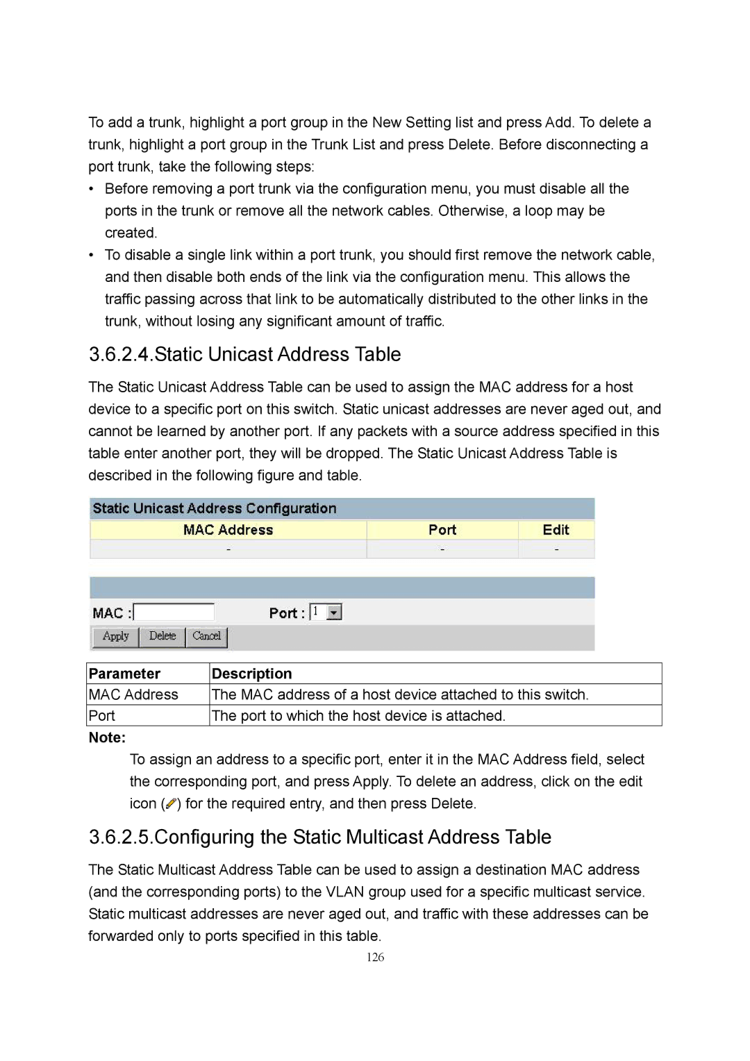 LevelOne GSW-2600TXM manual Static Unicast Address Table, Configuring the Static Multicast Address Table 