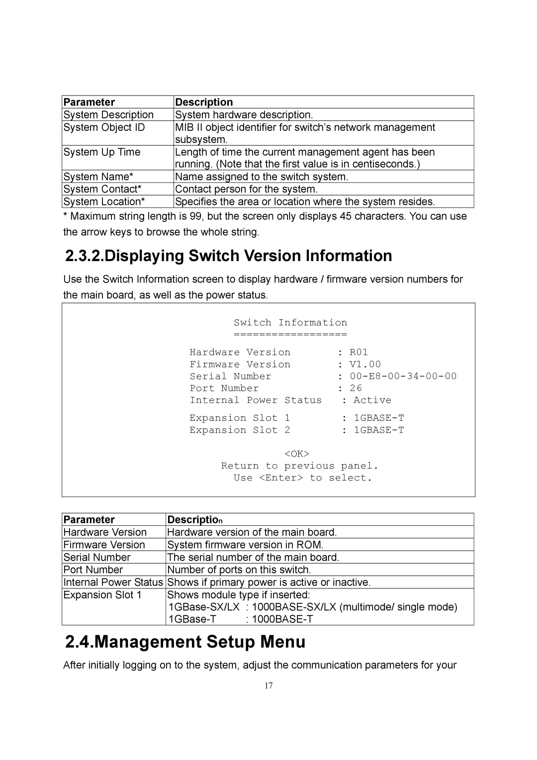 LevelOne GSW-2600TXM manual Management Setup Menu, Displaying Switch Version Information 