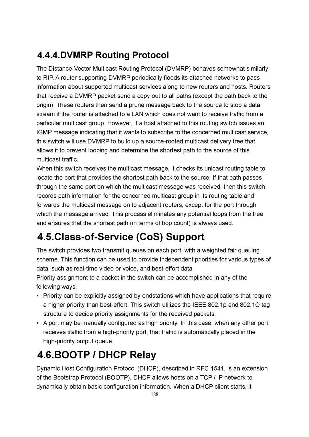 LevelOne GSW-2600TXM manual Class-of-Service CoS Support, Bootp / Dhcp Relay, Dvmrp Routing Protocol 