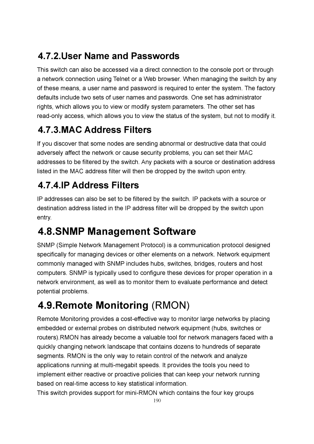 LevelOne GSW-2600TXM manual Snmp Management Software, Remote Monitoring Rmon, User Name and Passwords, MAC Address Filters 