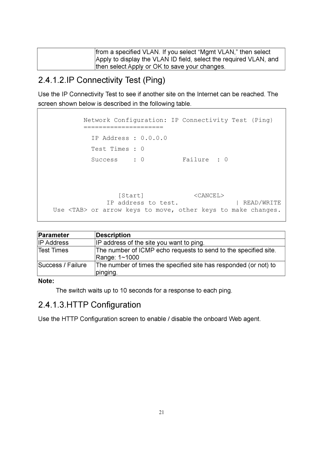 LevelOne GSW-2600TXM manual IP Connectivity Test Ping, Http Configuration 