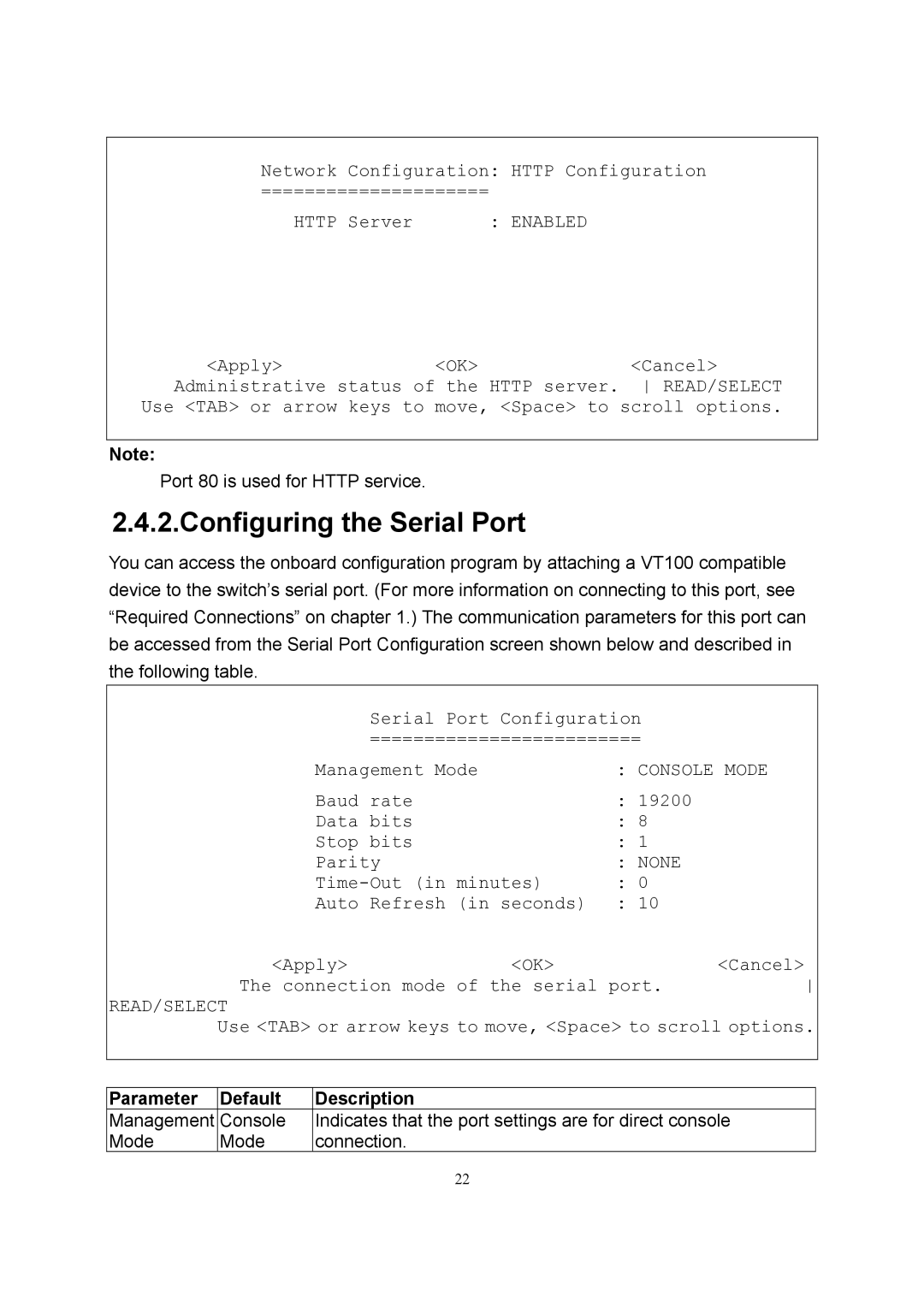 LevelOne GSW-2600TXM manual Configuring the Serial Port, Parameter Default Description 