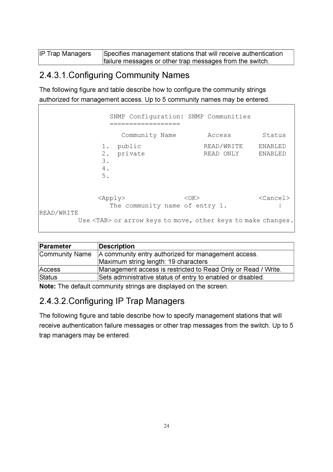 LevelOne GSW-2600TXM manual Configuring Community Names, Configuring IP Trap Managers 