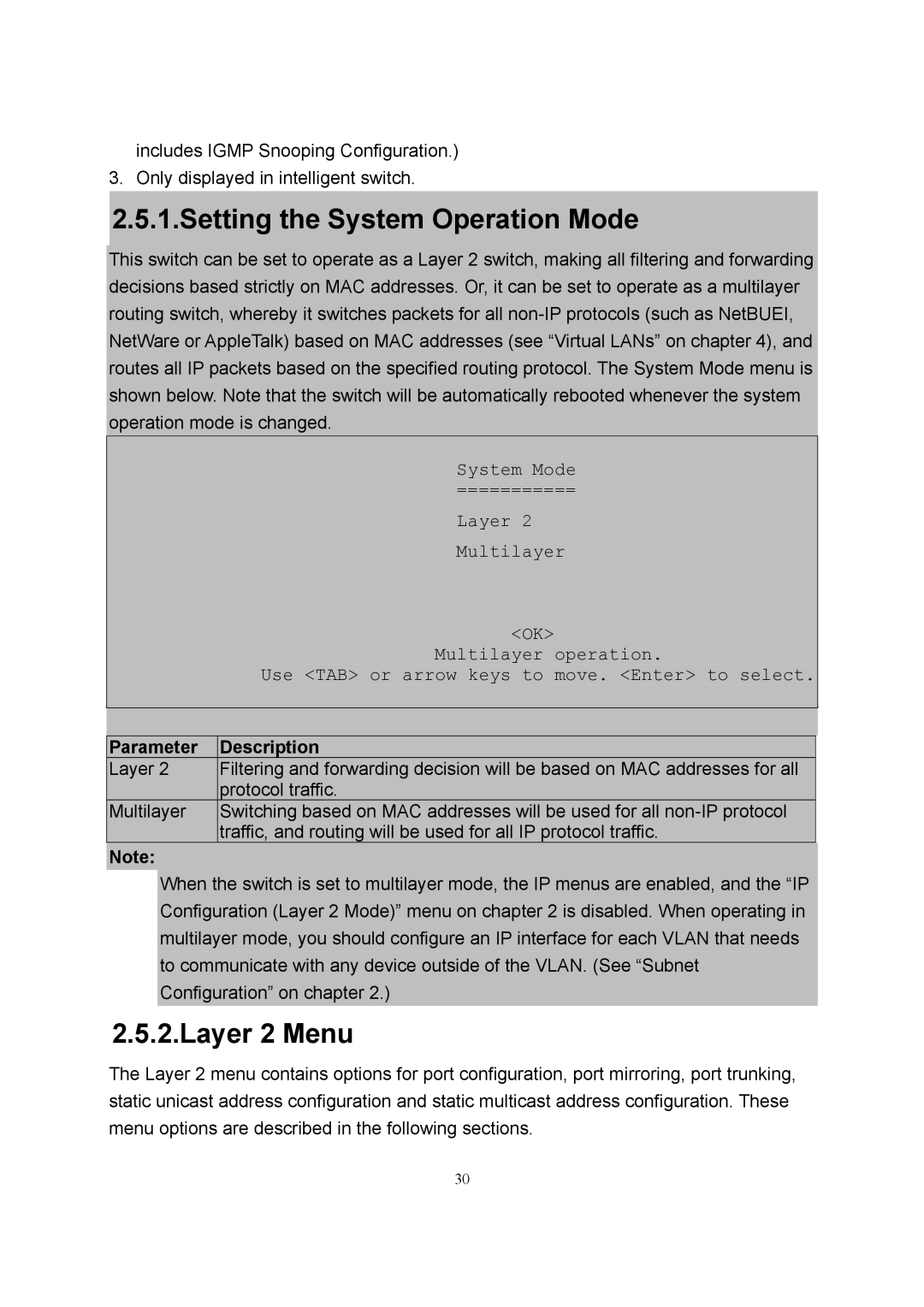 LevelOne GSW-2600TXM manual Setting the System Operation Mode, Layer 2 Menu 