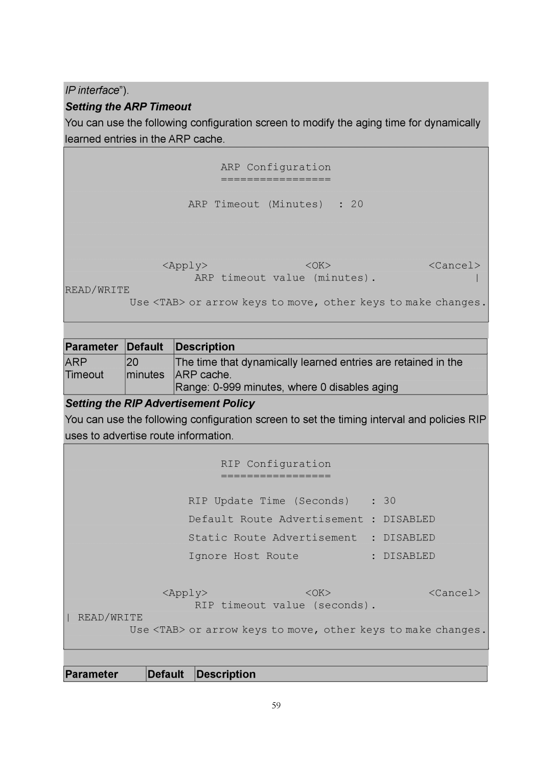 LevelOne GSW-2600TXM manual Setting the ARP Timeout, Setting the RIP Advertisement Policy 