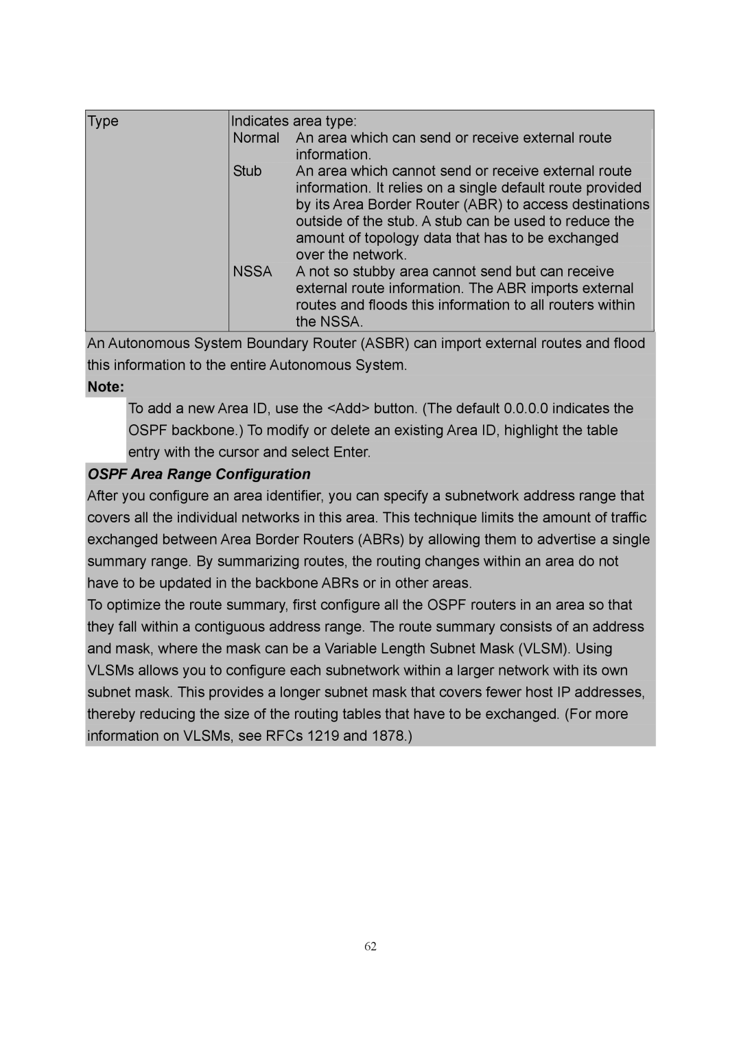 LevelOne GSW-2600TXM manual Nssa, Ospf Area Range Configuration 