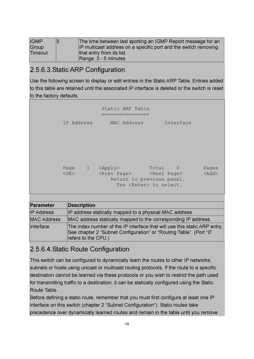 LevelOne GSW-2600TXM manual Static ARP Configuration, Static Route Configuration 