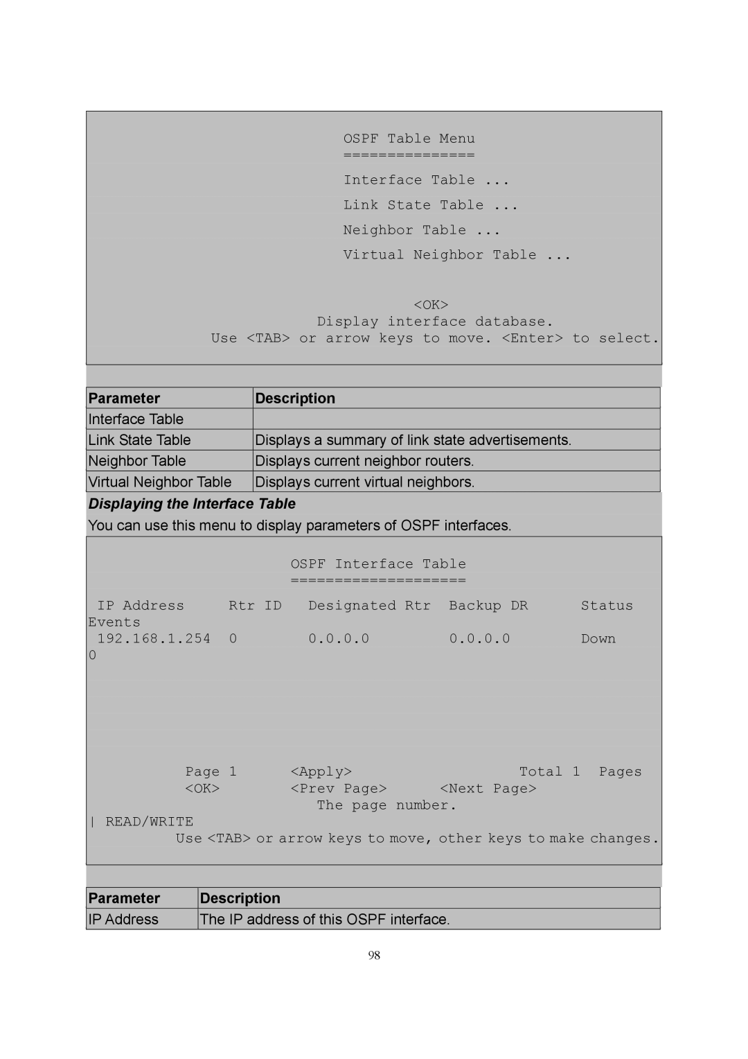 LevelOne GSW-2600TXM manual Displaying the Interface Table 