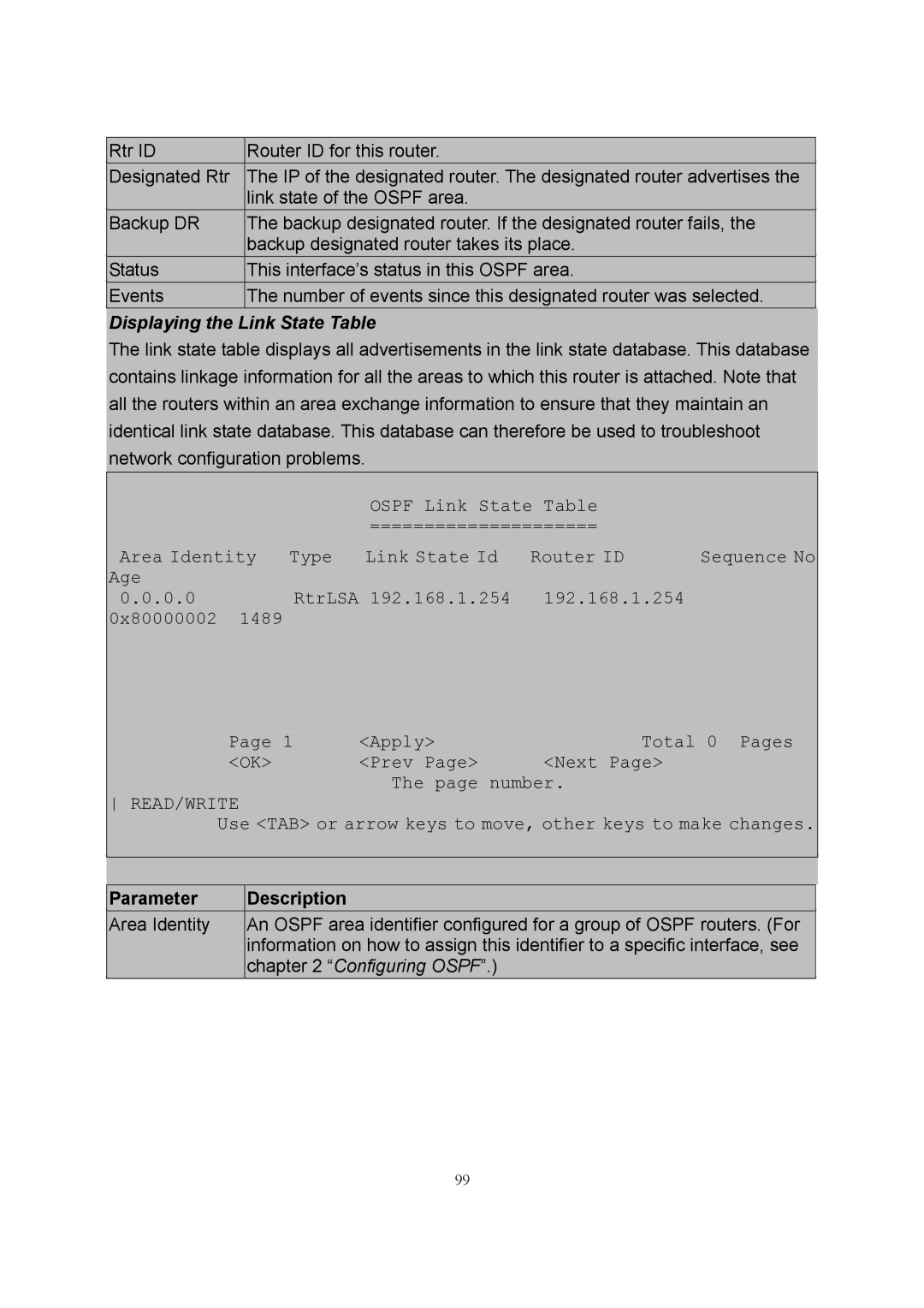 LevelOne GSW-2600TXM manual Displaying the Link State Table, Configuring Ospf 