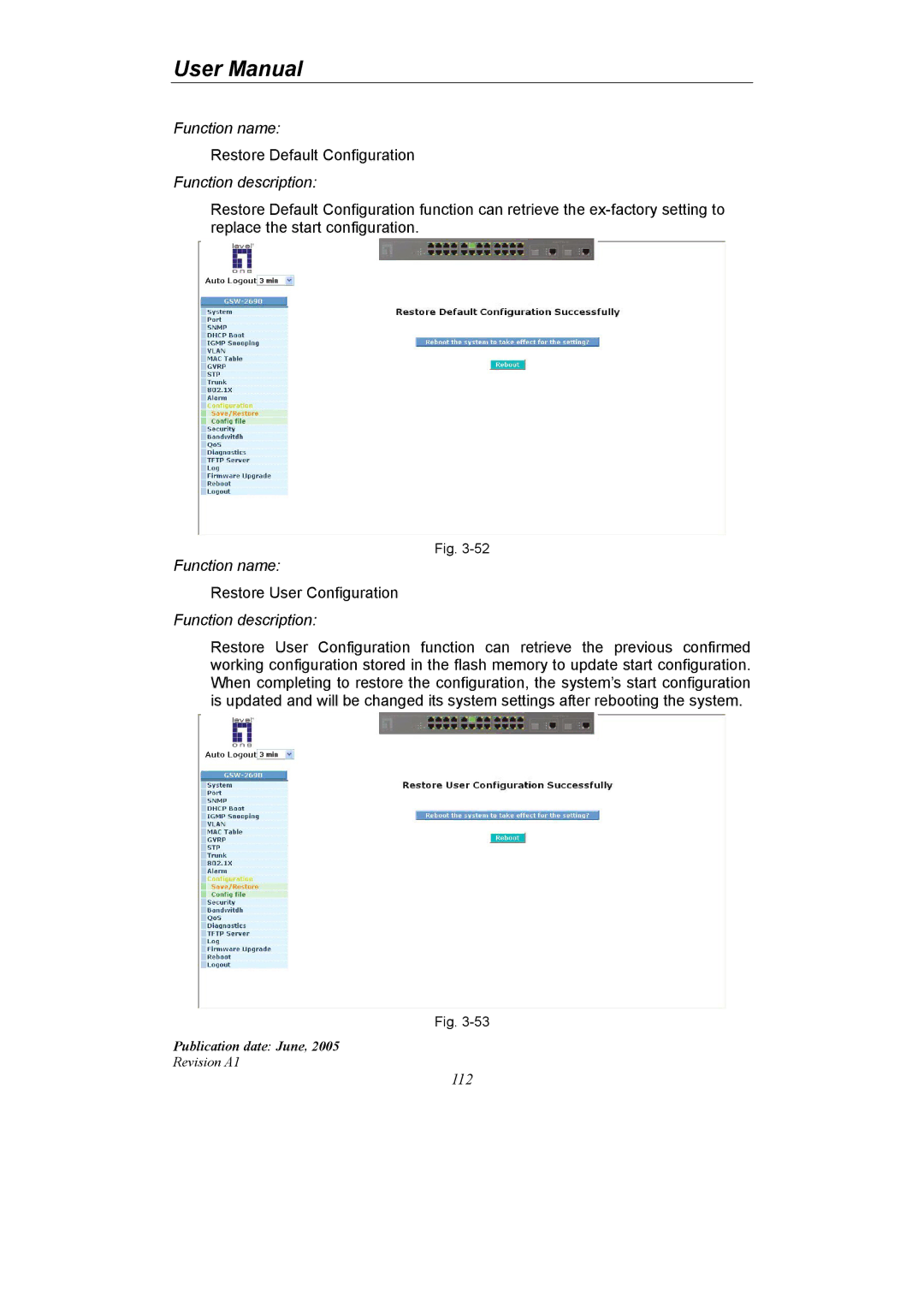 LevelOne GSW-2690 user manual Restore Default Configuration 