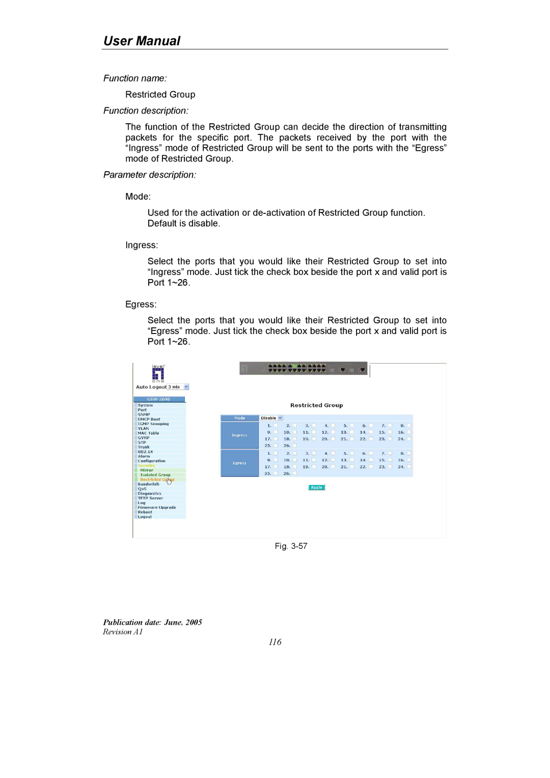 LevelOne GSW-2690 user manual Restricted Group 