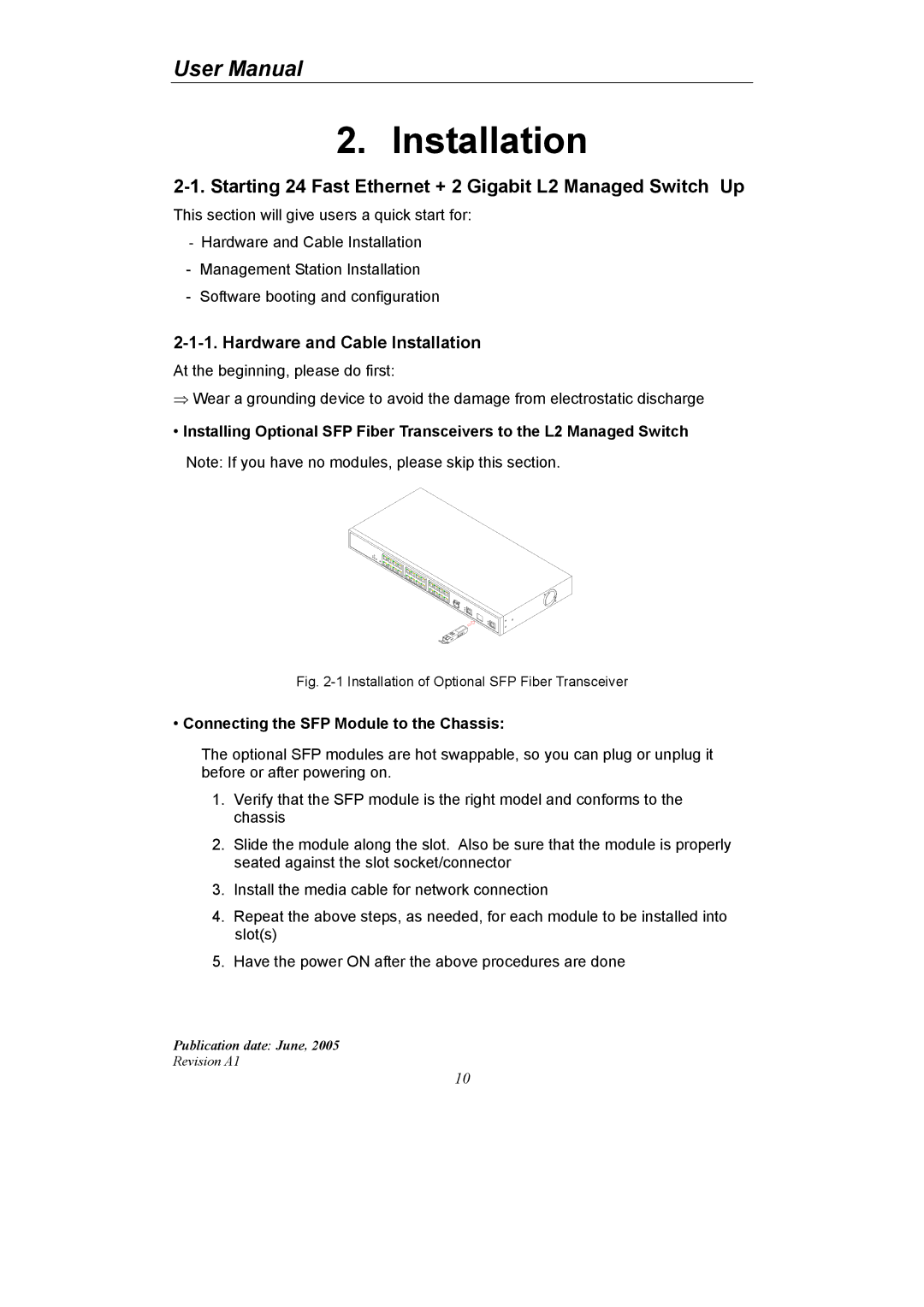 LevelOne GSW-2690 user manual Starting 24 Fast Ethernet + 2 Gigabit L2 Managed Switch Up, Hardware and Cable Installation 