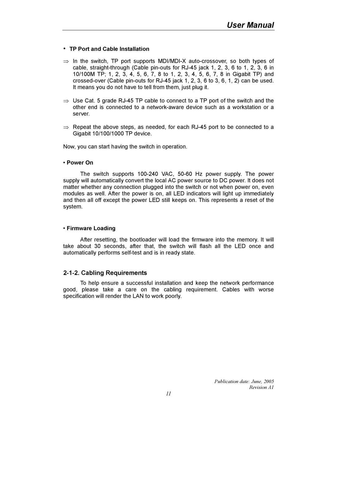 LevelOne GSW-2690 user manual Cabling Requirements, TP Port and Cable Installation, Power On, Firmware Loading 