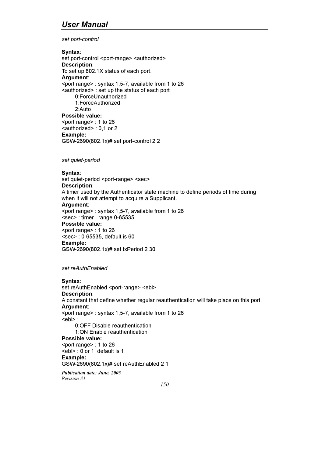 LevelOne GSW-2690 user manual Possible value port range 1 to 26 authorized 0,1 or Example 