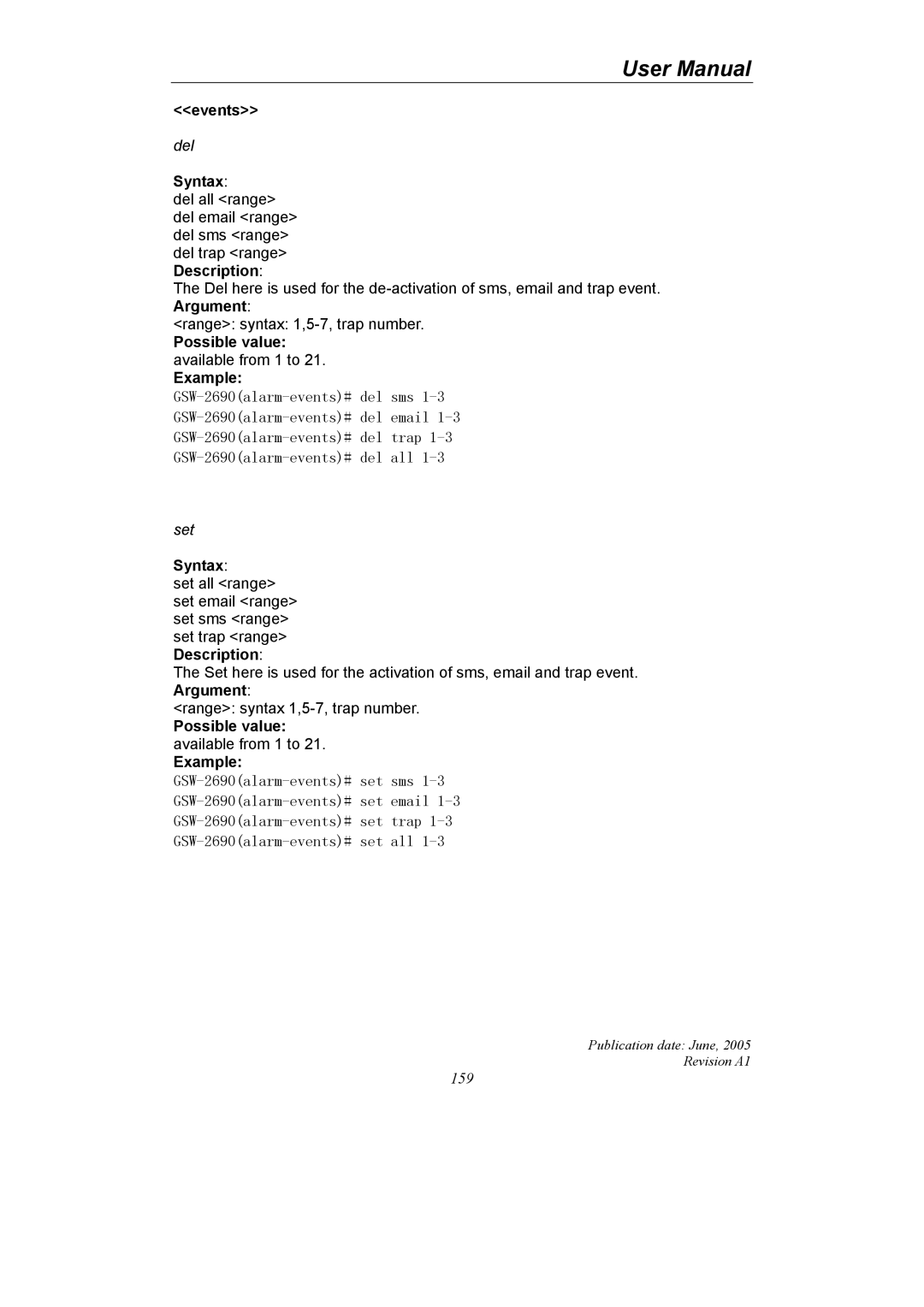 LevelOne GSW-2690 user manual Events, Possible value available from 1 to Example 