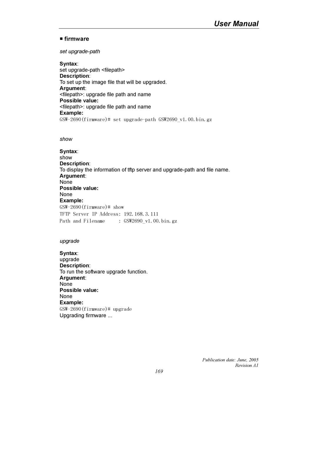 LevelOne GSW-2690 user manual Firmware, Syntax upgrade Description 