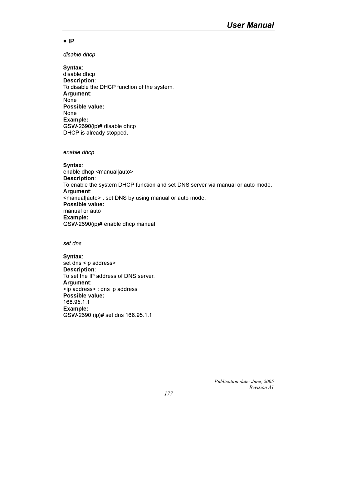 LevelOne GSW-2690 user manual Syntax disable dhcp Description, Argument 