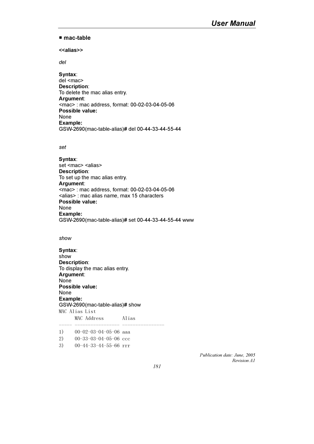 LevelOne GSW-2690 user manual Mac-table, Alias, Syntax del mac Description 