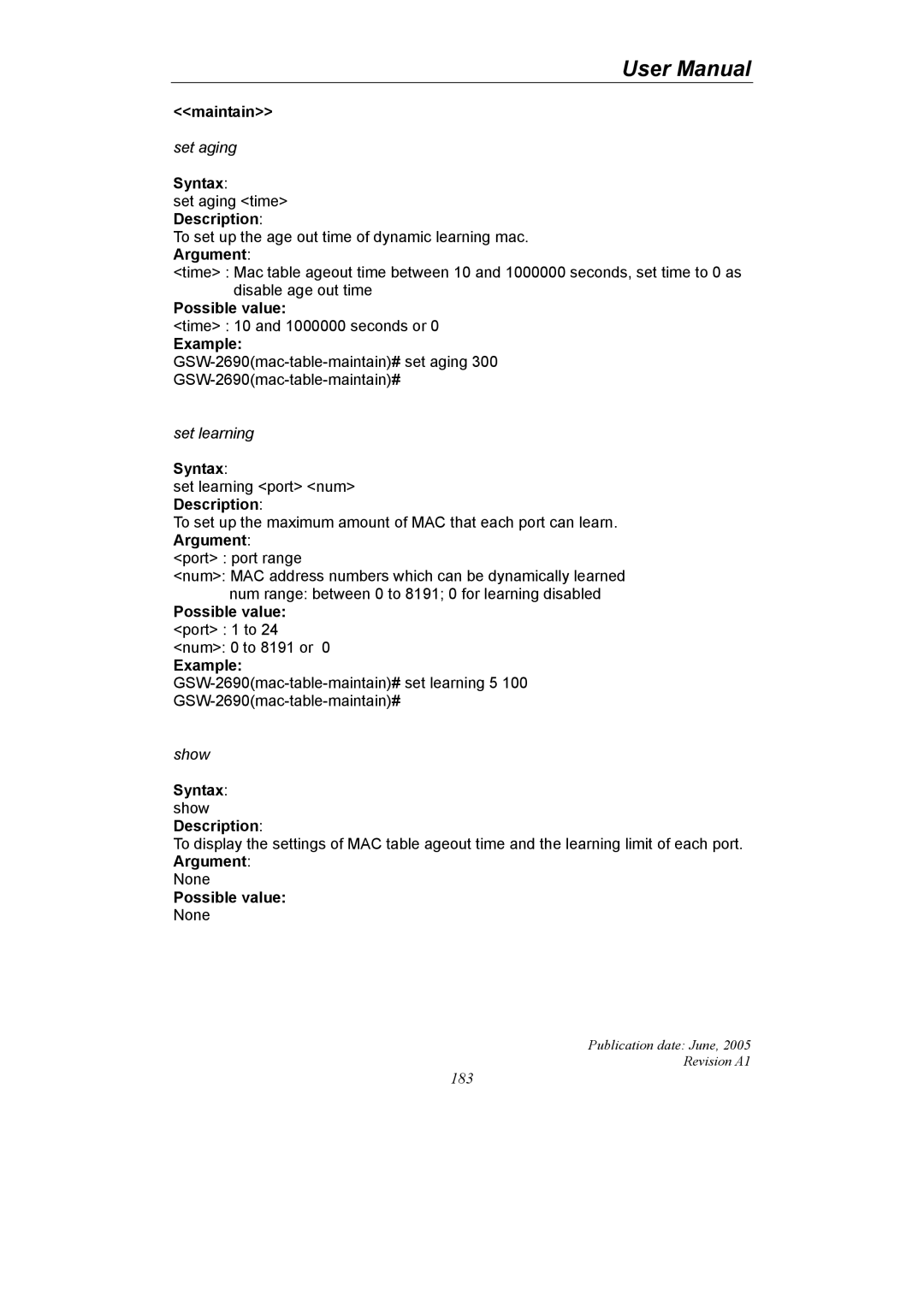 LevelOne GSW-2690 user manual Maintain, Possible value port 1 to 24 num 0 to 8191 or Example 