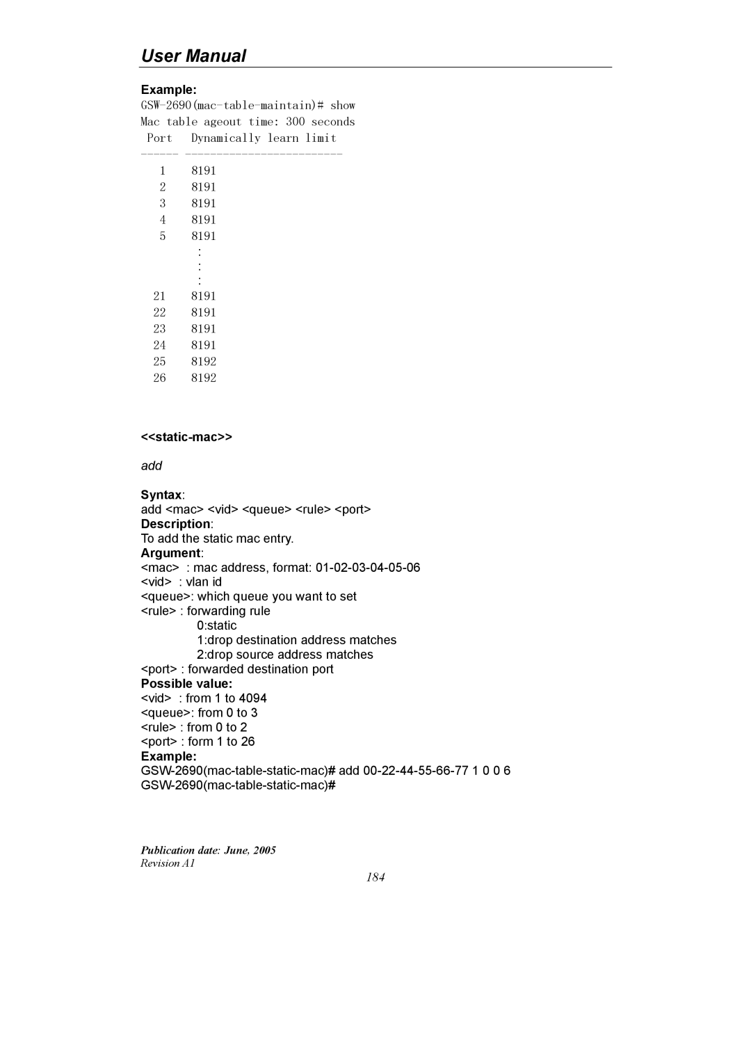 LevelOne GSW-2690 user manual Static-mac 